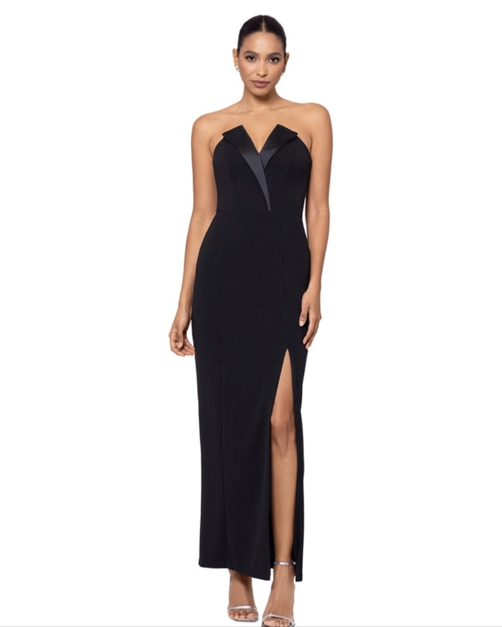 Betsy & Adam Strapless Notched Red Evening Gown with High Slit Sz 6 - Picture 3 of 10